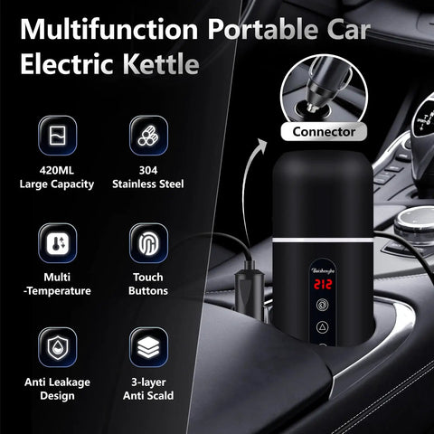 On The Go 12V/24V Car Travel Kettle With 420ml Capacity, Magnetic Stirring, shown installed in car with features highlighted