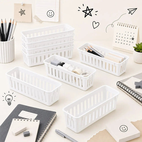 12 Piece Desk Pencil Holder Set, White Pen Tray Organizer with pens, pencils, and office supplies in classroom setting