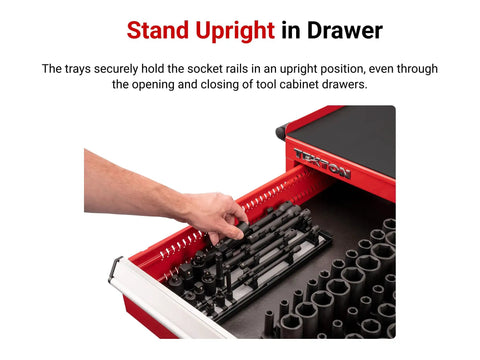 Hand placing Versatile Seventeen Piece Impact Extension And Accessory Set With Rails And Tray inside a tool cabinet drawer.