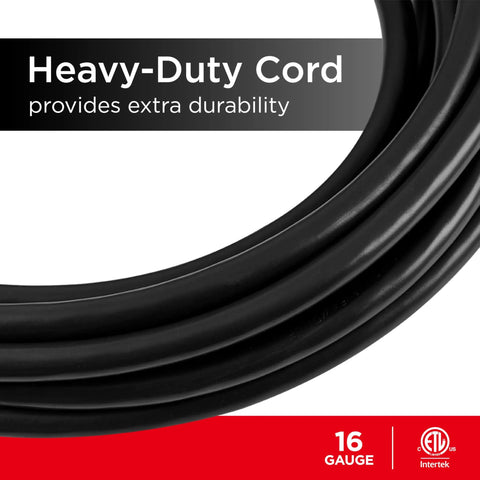 Close-up of black 16 gauge heavy-duty cord of 25 Ft Indoor Extension Cords 2 Pack 3 Outlet Power Strip With Grounded 16 Gauge Heavy Duty Cable ETL Listed Black For Home Office Garage And More Everyday Use.