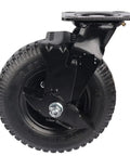 Eight Inch Pneumatic Rubber Caster Wheel Featuring Side Brake And Flanged Track Perfect For Hotel Luggage Carts Smooth Heavy Duty Roll That Glides Like A Dream Any Day Long close-up of wheel with black side brake and tire.