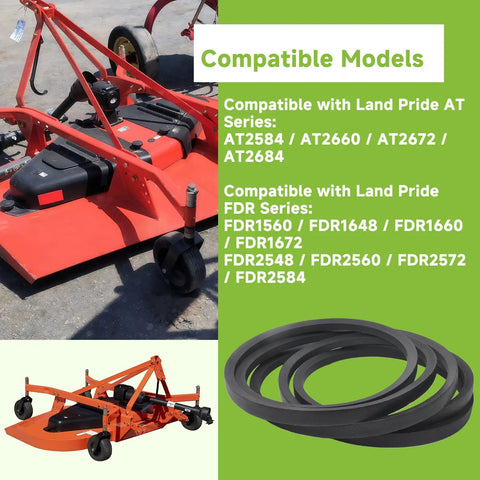 Heavy Duty Replacement V Belt For Mower Deck 5/8 By 139 Inches with compatible Land Pride models, black rubber construction.