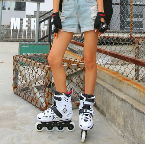 Person wearing Unisex Inline Skates For Speed Skating With 4 By 76 Wheels Safe Ratchet Buckle And Laces Full Shell Upgraded Brakes