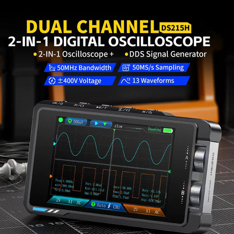2-In-1 Handheld Oscilloscope With DDS Signal Generator, 50 MHz Bandwidth, 2 Channels, Portable 250 MS/s Sampling