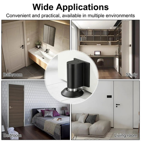 Stainless Steel Magnetic Door Stopper With Retractable Catch For Easy Open No Drill Or 3M Adhesive Install Screws Included Fits Gaps Up To One Point Four Inches Keeps Doors Open Securely Black Finish 1 Pack in various room settings.