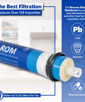 FLTMEME50 Reverse Osmosis Membrane Replacement for 50 GPD Water Filtration showing the membrane, impurities reduced like lead and asbestos