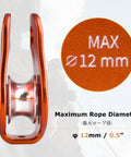 Front view of an orange zipline pulley with stainless steel bearings. Text reads 'MAX 12 mm'. Zipline Pulley Beefy For Rescue, Climbing.