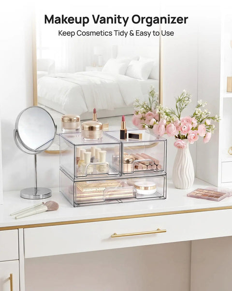 Stackable Storage Drawers Set Of 4 Clear Plastic Organizer Bins on a vanity with cosmetics and accessories