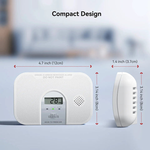 Side and front view of Carbon Monoxide Alarm Detector With 10 Year Life, Replaceable AA Battery, Crystal Clear LCD Display, Test Button