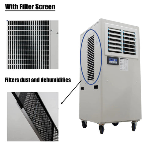 Workhorse Industrial Spot Cooler Dropping 20400 BTU Frost With 3600 Cubic Meter Hour Airflow And Beefy 14 Liter Tank features filter screen for dust filtration.