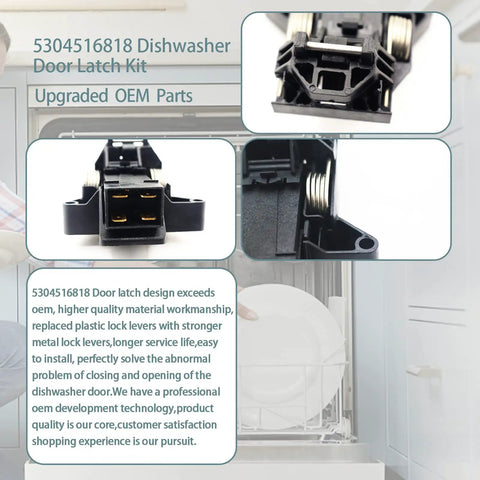 Beefed Up Dishwasher Door Latch Kit Replacement for Electrolux Kenmore Frigidaire Models 5304516818 with metal lock rods visible.