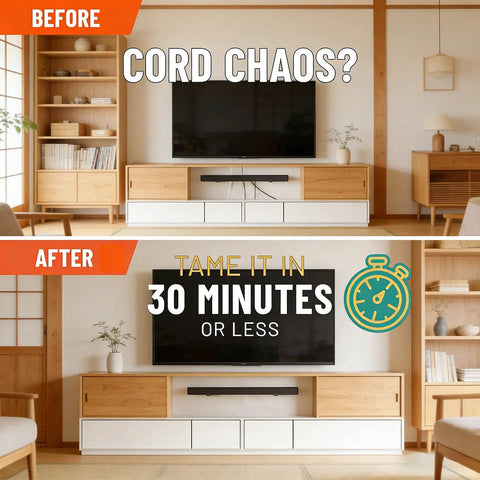 In Wall Cable Management Kit For TV And Soundbar With Power And Low Voltage Wiring, No Electrician Needed, Quick DIY Install Under 30 Minutes, Includes Hole Saw Drill Attachment For A Clean Wall Mount And Hidden Wires, showcasing before and after of cable organization in a living room.