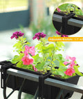 Heavy Duty Black Balcony Rail Planters 16.9 Inch Deck Flower Boxes with adjustable brackets and colorful flowers.