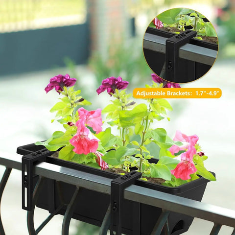 Heavy Duty Black Balcony Rail Planters 16.9 Inch Deck Flower Boxes with adjustable brackets and colorful flowers.