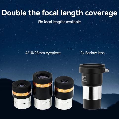 4mm 10mm 23mm Eyepiece Set With 2x Barlow Lens For 1.25 Inch Tubes, 62 Degree Wide Angle View, Fully Coated Optics, M42 Thread