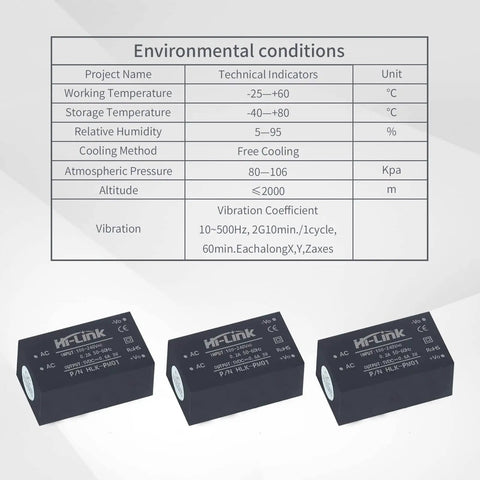 Image showing three Plug And Play Mini Step-Down Power Supply HLK PM01 Isolated AC-DC Converter 220V To 5V modules with specs table.