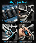 Steps to use Deep Lug Nut Extractor Set For Locked And Stripped Bolts, Six Piece Wheel Lock Removal Kit Half Inch Drive shown