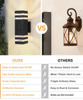 Comparison of two pack no fuss dusk to dawn LED outdoor lights with sensor versus traditional wall mount sconce lamps for patios and porches.
