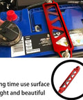 Heavy Duty Aluminum Alloy Car Battery Hold Down Bracket on a blue battery, triangular red frame secures the battery.