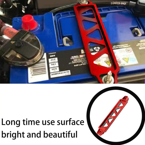 Heavy Duty Aluminum Alloy Car Battery Hold Down Bracket on a blue battery, triangular red frame secures the battery.