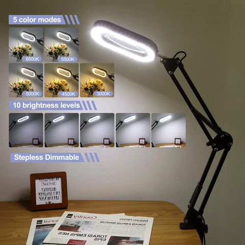 10X Square Magnifying Glass With Light And Stand Real Glass LED Magnifier with clamp, 5 color modes, on desk