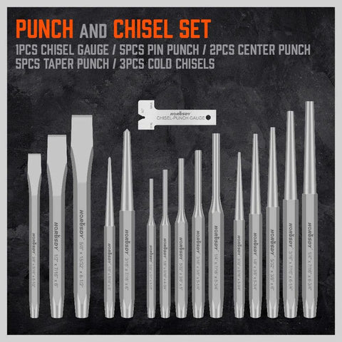HORUSDY 16-piece punch and chisel set with taper, pin, center punches and cold chisels.