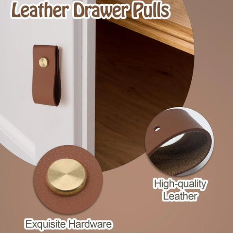 12 Pack Brown Leather Drawer Pulls With Single Hole Mount for Kitchen Cabinets Dresser Closets Doors shown installed on cabinet
