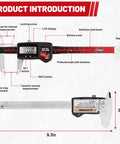 Diagram of IP67 Digital Caliper 0-6 Inch Range With Large LCD Screen, showing stainless steel beam, buttons, and measuring faces.