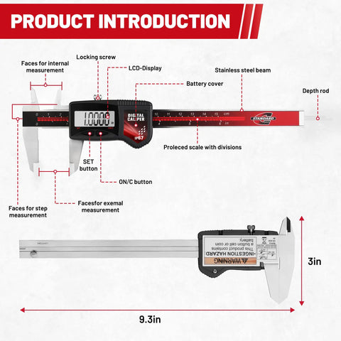 Diagram of IP67 Digital Caliper 0-6 Inch Range With Large LCD Screen, showing stainless steel beam, buttons, and measuring faces.