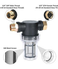Inline Garden Hose Water Filter For Well Water With 100 Mesh Screen Sediment Filter Attachment with detailed parts view