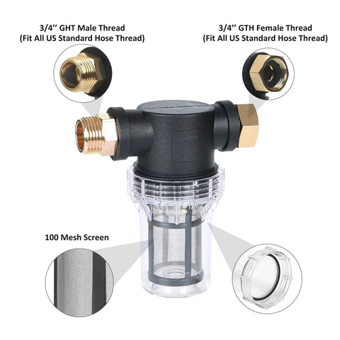 Inline Garden Hose Water Filter For Well Water With 100 Mesh Screen Sediment Filter Attachment with detailed parts view