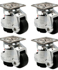 Rock Solid Stainless Steel Leveling Casters With Heavy Duty Polyamide Wheels Set Of Four For Lab Benches And Cnc Machines offering tough as nails rust resistance and smooth two and a half inch swiveling action, viewed from above.