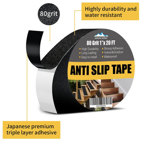 Heavy Duty Anti Slip Grip Tape With 80 Grit For Indoor Outdoor Stairs, shown on roll with label and highlighted features.