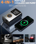 Portable Tire Inflator Air Compressor For Cars, Bikes, And More With 150 PSI, LCD Dual Screen, charging a phone