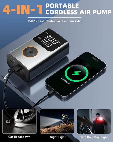 Portable Tire Inflator Air Compressor For Cars, Bikes, And More With 150 PSI, LCD Dual Screen, charging a phone
