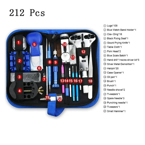 Pro Grade Watch Repair Tool Kit 149Pcs with organizers and various tools in a blue case, including link pin remover and spring bar tools.