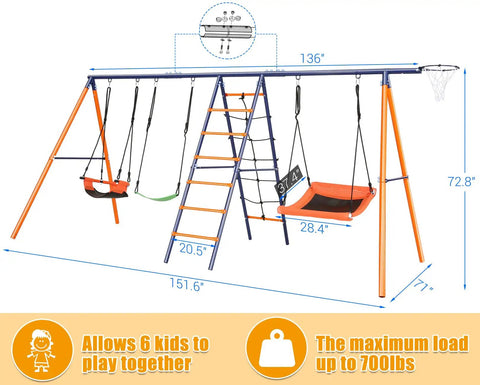 Backyard Swing Set With 700 Lb Capacity Six In One Outdoor Kids Playset With Heavy Duty Metal Frame Three Adjustable Swings Climbing Ladder Net And Basketball Hoop For Nonstop Backyard Fun, dimensions shown.