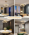 Modern Led Ring Chandelier With Gold Finish Aluminum Rings Crystal Acrylic Pendant Lights For Dining Room Living Room And Foyer in various room settings