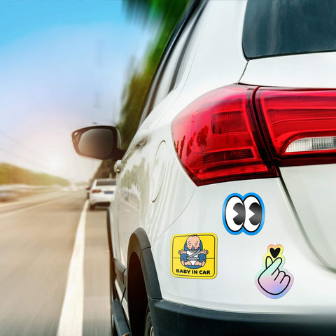 Car with decorative magnets, including 'Baby in Car,' highlighting Flexible Magnetic Sheets With Adhesive Backing For DIY Crafts 4x6 Inches Self Adhesive Magnet Paper Ideal For Photos And Cards Cut To Fit On Metal Surfaces 6 Pack.
