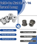 Comparison of Four Pack Heavy Duty Steel Chassis Weld On Nuts Featuring 3/8 Inch 16 Threads against inferior materials.