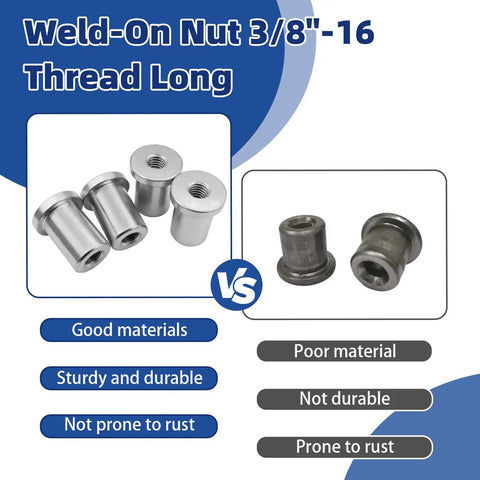 Comparison of Four Pack Heavy Duty Steel Chassis Weld On Nuts Featuring 3/8 Inch 16 Threads against inferior materials.