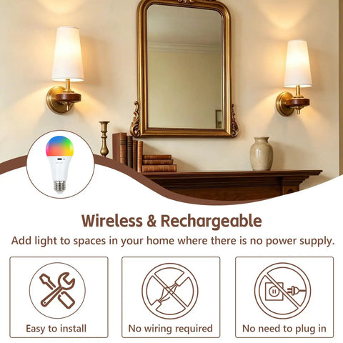 Stepeak Vintage Gold Wireless Wall Sconces Battery Operated, Walnut Wood Rechargeable Wall Lights Set of 2 with Fabric Shade in cozy interior.