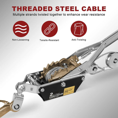 Beefy Hand Winch For Quick Lifts And Tough Pulls 2 Ton Capacity With Dual Gear System 11ft Steel Cable And Two Drop Forged Hooks Portable Come Along Winch For Auto Recovery Construction And Outdoor Jobs steel cable close-up