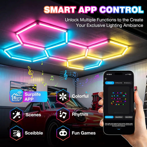 Lit Hexagon RGB LED Light Panels Kit With Music Sync App And Remote Control 5 Hex Panels installed on ceiling