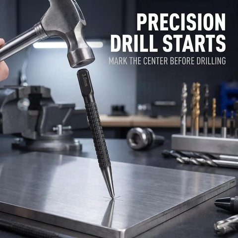 Three Piece Black High Carbon Steel Center Punch Set marking center on metal surface for precise drill starts.