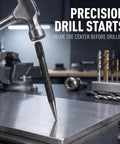 Built Like A Tank High Carbon Steel Center Punch Set 3 Piece Black Hand Tools marking a drill start on metal sheet.