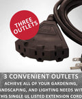 25-Foot Brown Heavy Duty Indoor Outdoor Extension Cord With 3-Prong Splitter, ideal for holiday and outdoor decor use