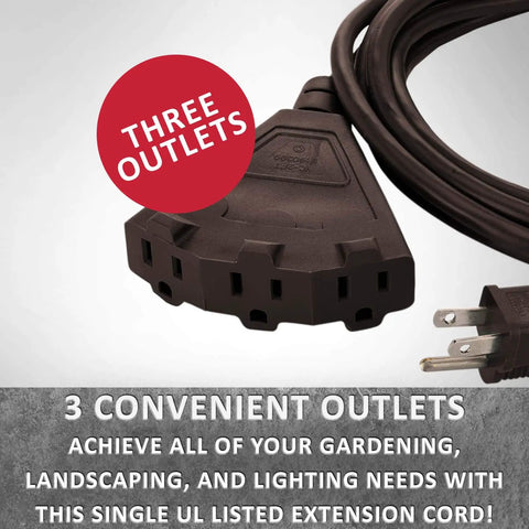25-Foot Brown Heavy Duty Indoor Outdoor Extension Cord With 3-Prong Splitter, ideal for holiday and outdoor decor use