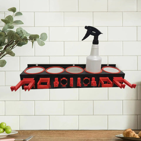 Heavy Duty Galvanized Steel Wall Mount Spray Bottle Rack Organizer Holds A Ton Of Cleaners And Jars Keeps Your Garage Super Neat Without Hogging Counter Space Or Causing Headaches, featuring clear storage for bottles.