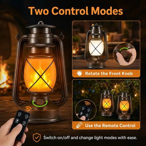 Waterproof Hanging Lanterns With Lit Dancing Flame LED Lights For Camping And Patio Decor, remote control shown